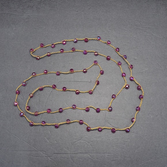 Jewelry - Endless Station Necklace Womens AB Purple Beaded Gold Metalic Cord Layering 64"